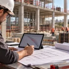 Profissional analisa cronograma, projetos e prazos de uma obra