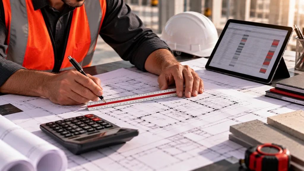 Profissional levanta quantitativos em projeto para elaborar orçamento de obra