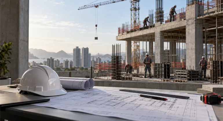 Etapas de uma obra representadas por planejamento técnico e construção em execução