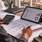 Profissional analisa projetos, quantitativos e custos para orçamento de obra