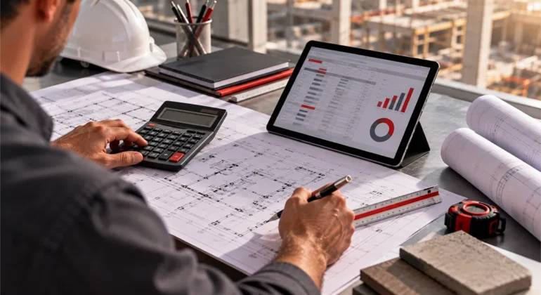 Profissional analisa projetos, quantitativos e custos para orçamento de obra