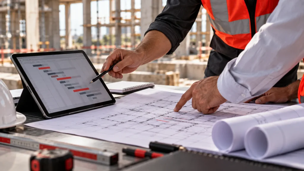 Profissionais organizam atividades e dependências de um cronograma de obras