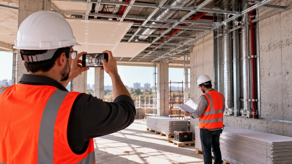 Profissional realiza registro fotográfico durante o acompanhamento de uma obra
