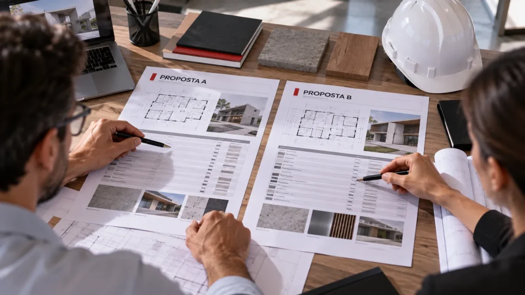 Profissionais comparam escopo e condições de propostas de construtoras