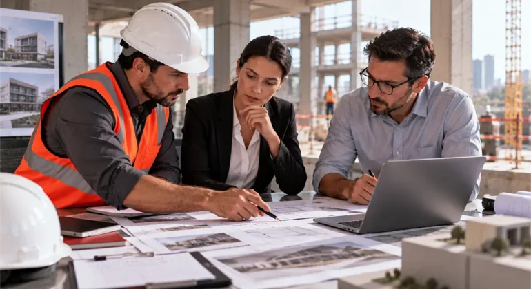 Profissionais avaliam projetos e proposta antes de escolher uma construtora