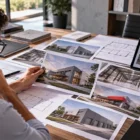Profissional analisa diferentes projetos em um portfólio de obras