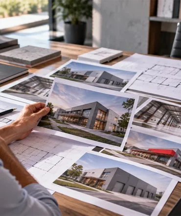 Profissional analisa diferentes projetos em um portfólio de obras