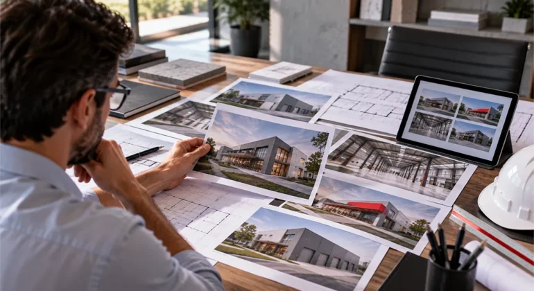 Profissional analisa diferentes projetos em um portfólio de obras