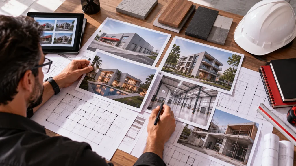 Profissional compara diferentes tipos de projetos em um portfólio de obras
