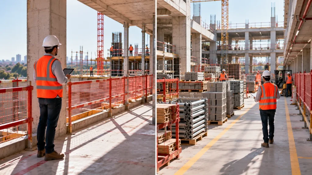 Canteiro de obras organizado com circulação e armazenamento planejados
