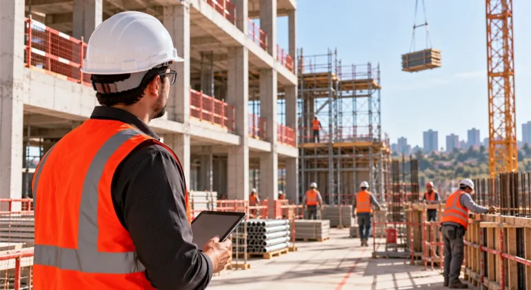 Profissional acompanha segurança e organização de um canteiro de obras